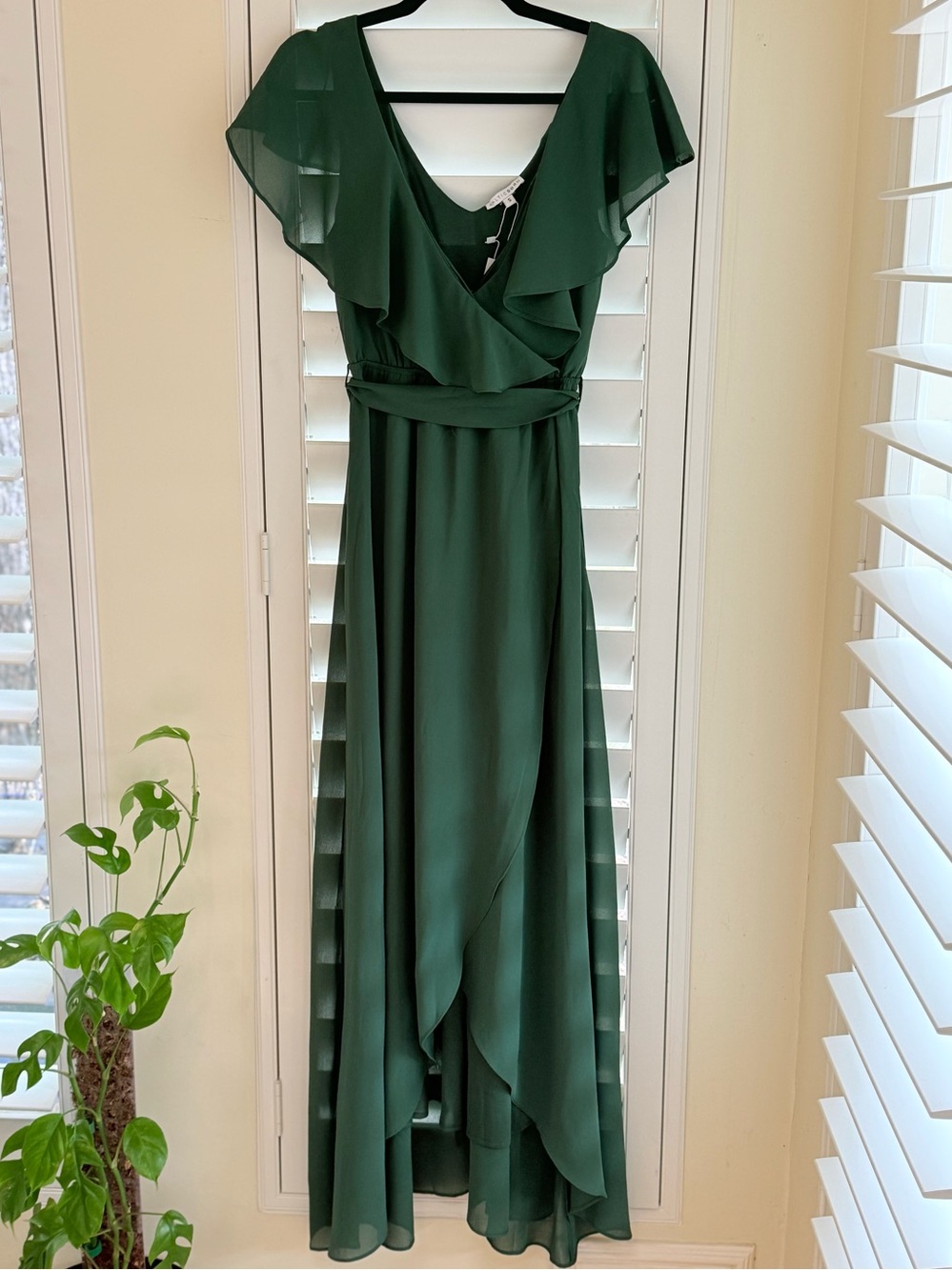 NWT Baltic Born Katya Ruffle Dress Emerald Green Flutter Sleeve Tie Maxi Size S